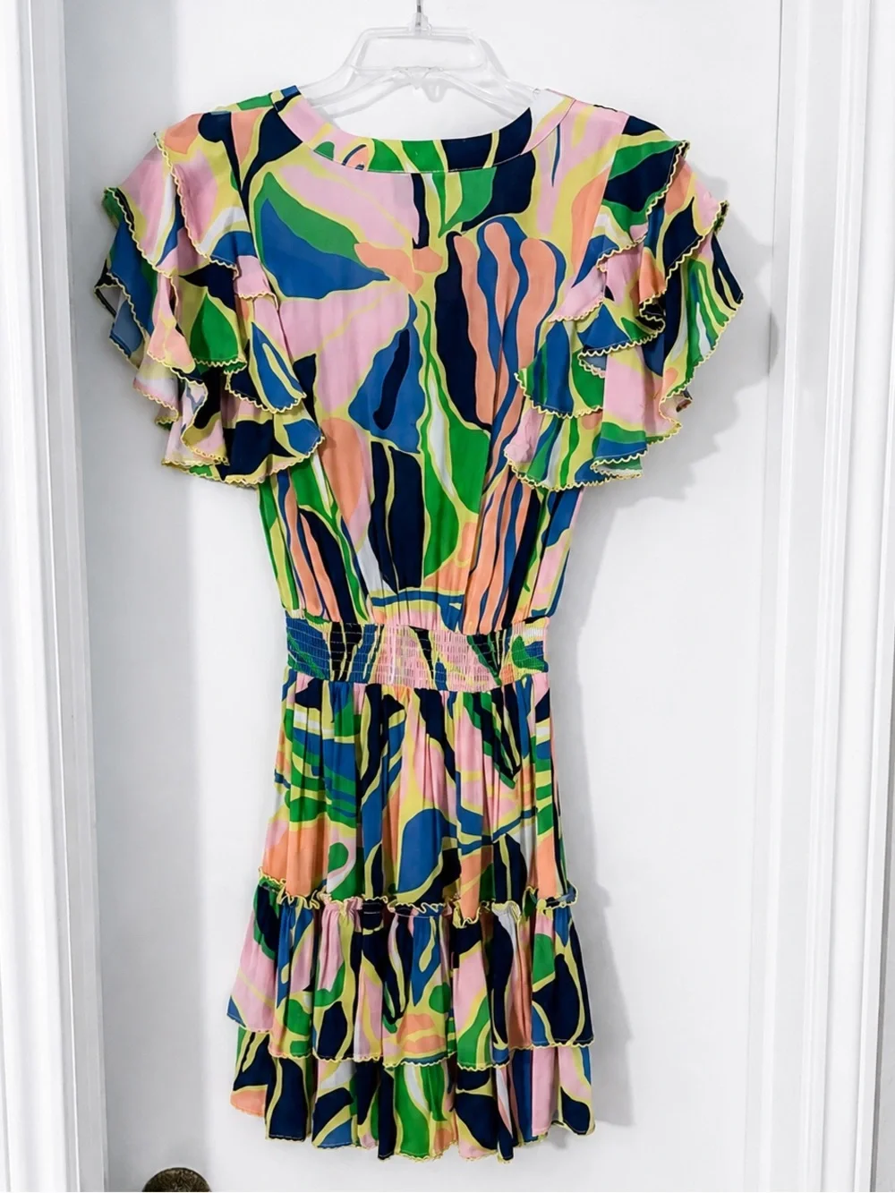 NEW TAJ by Sabrina Crippa Ruffle Mini Dress Tropical Print NWT Size S US 2-4